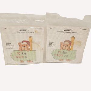 2 NIP Mini Motif Christmas Holiday Cross Stitch Kits Teddy Bears Gift Tags